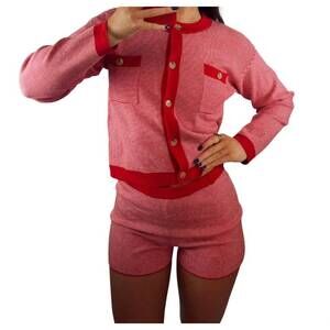 NEW ET CLET striped cardigan & shorts set in red